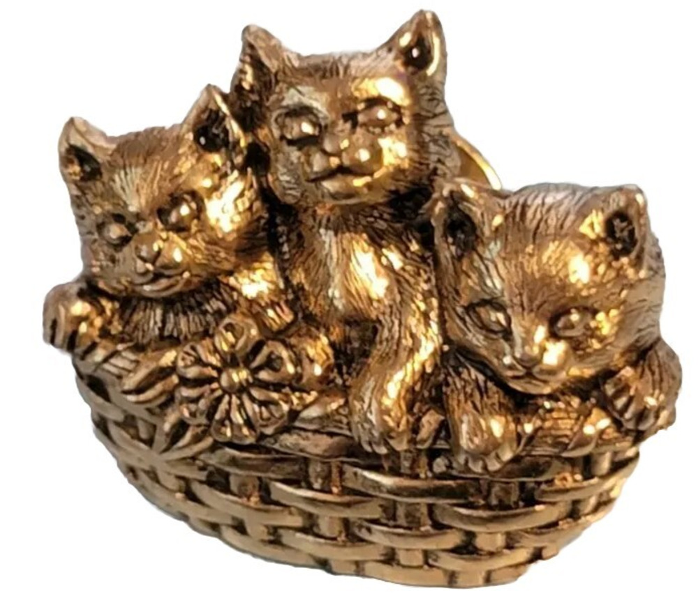 Vintage Pewter-tone Kittens in Basket Pin, Gift for Cat Lover- Figural ab1-79